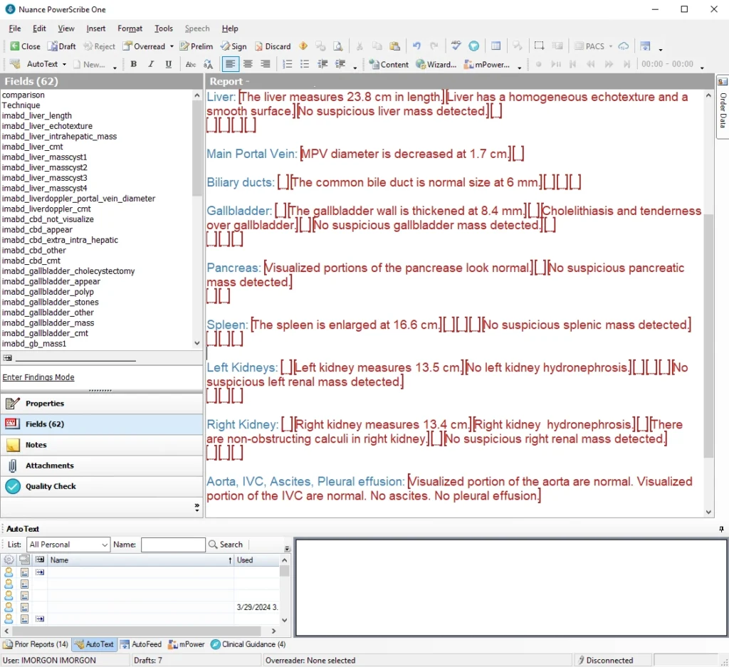 Image of an 'automated' Powerscribe abdominal ultrasound structured reporting template populated by Imorgon. 