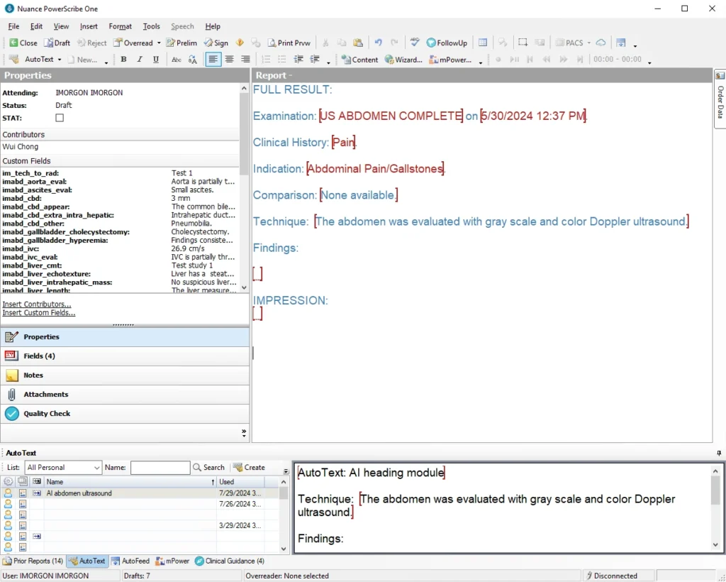 Image of a 'free-text' abdominal ultrasound structured reporting Powerscribe template. 