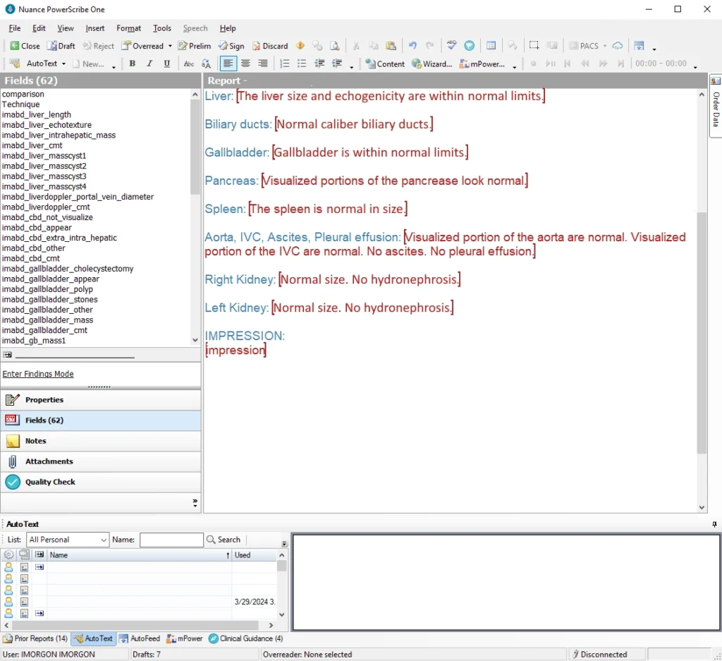 Image of a 'normal' abdominal ultrasound structured reporting Powerscribe template. 