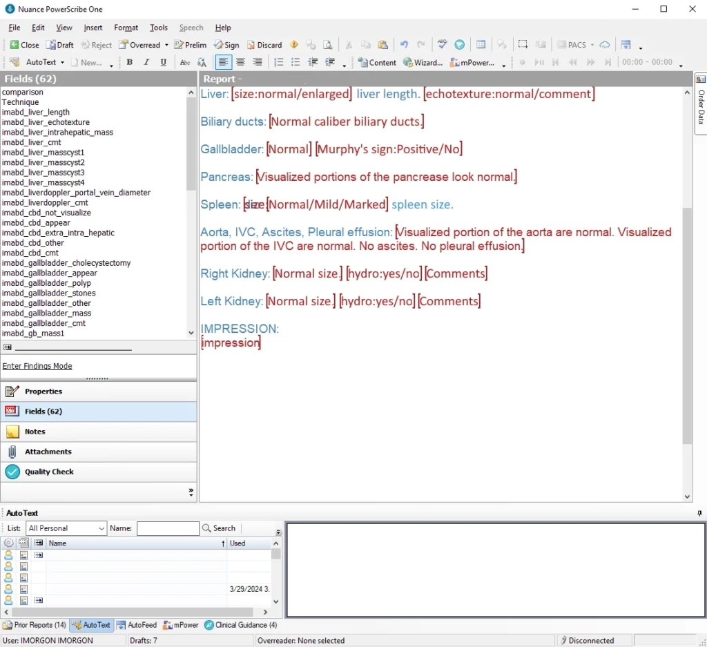 Image of an abdominal ultrasound structured reporting Powerscribe template with picklists. 